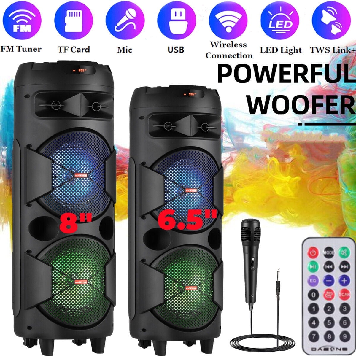 CURUK Portable Wireless Bluetooth Speaker Triple 8" Woofer PA System FM AUX TWS, MIC, RC, LED Light