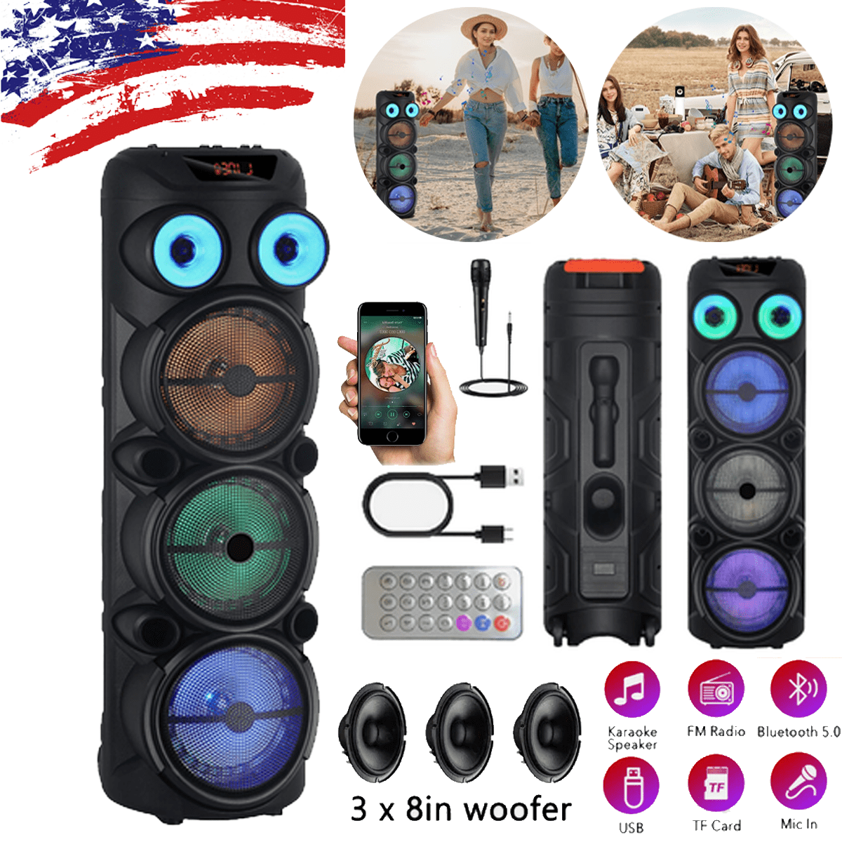 CURUK Portable Wireless Bluetooth Speaker Triple 8" Woofer PA System FM AUX TWS, MIC, RC, LED Light