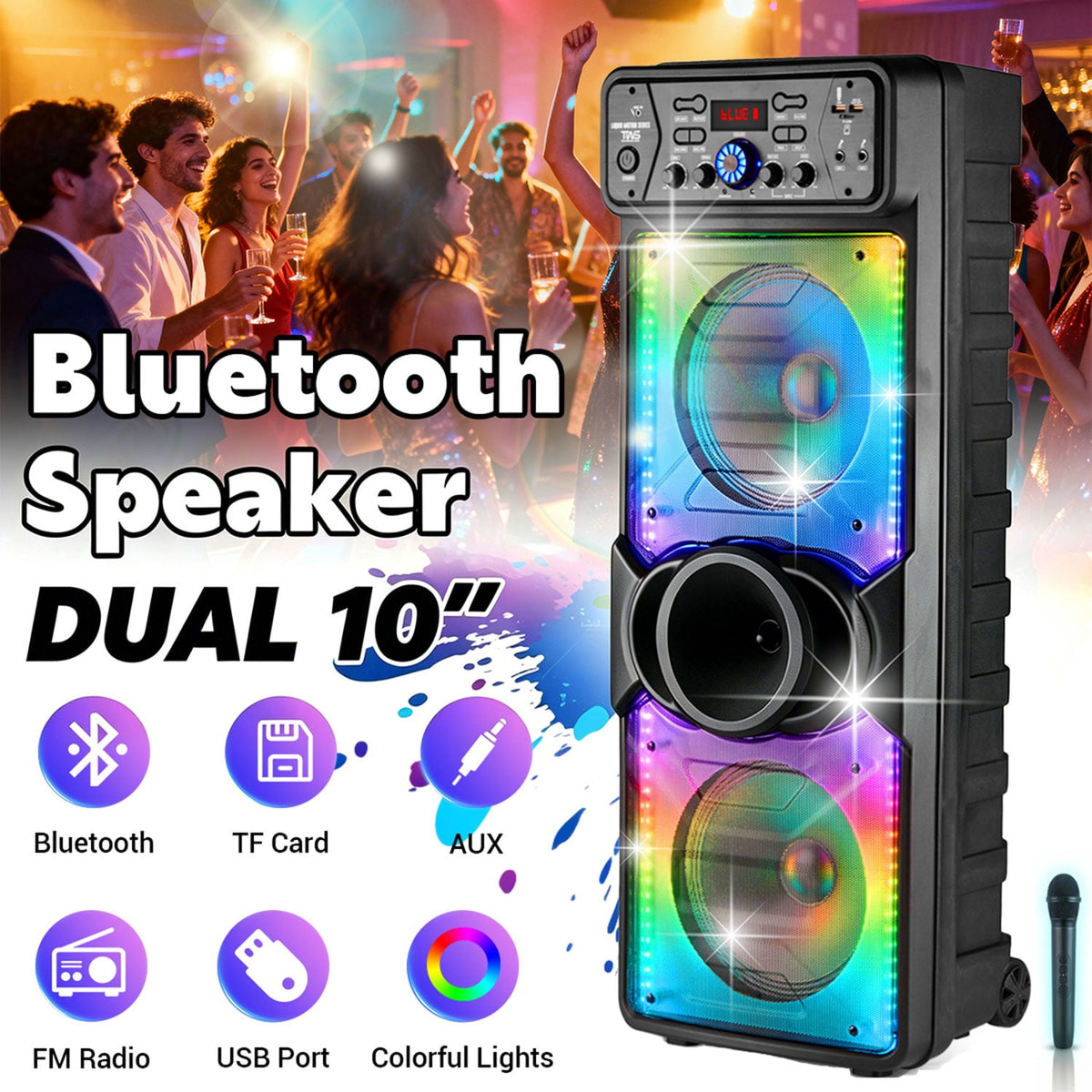 Dazone Dual 10" Bluetooth Speaker High Powered Rechagreable Wireless PA System Subwoofer Tweeter With AUX Microphone Karaoke LED Lights