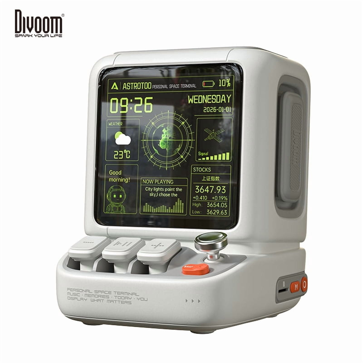 Divoom AstroToo Smart Pixel Art Bluetooth Speaker with App-Controlled Display, Digital Photo Frame, Desk Clock and 5000mAh Battery, White