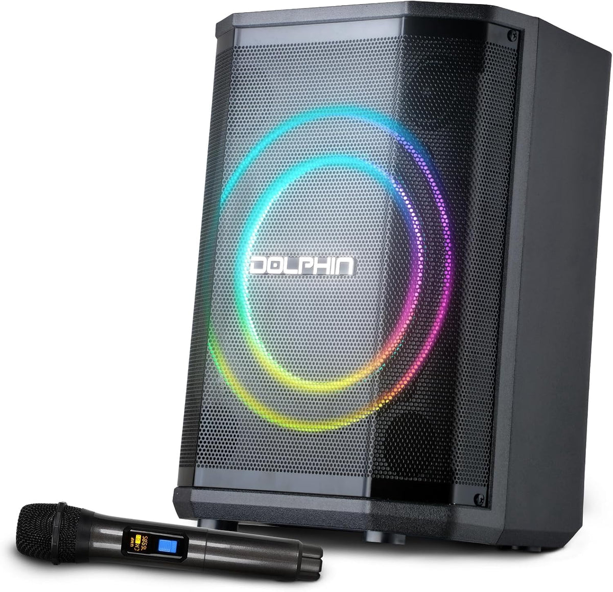 Dolphin SP-885RBT Rechargeable Portable Bluetooth Party Speakers, Tiltable, 3D LED Ring Light, TWS, Wireless Microphone, and Multiple Playback Options