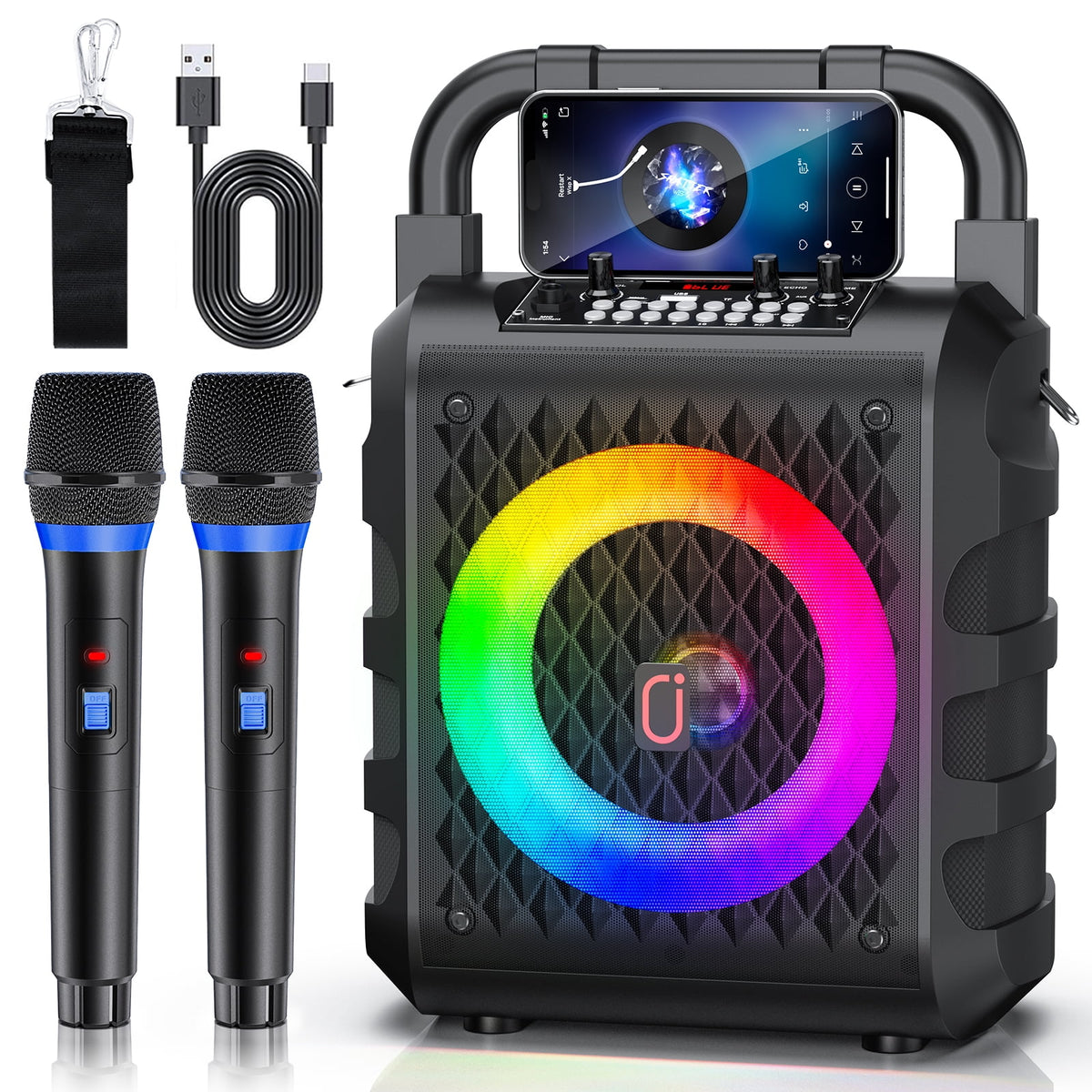 FanFun Bluetooth Speaker, Outdoor Portable Speaker with 2 Microphones, PA System with Dynamic LED Light, 6 EQ Modes