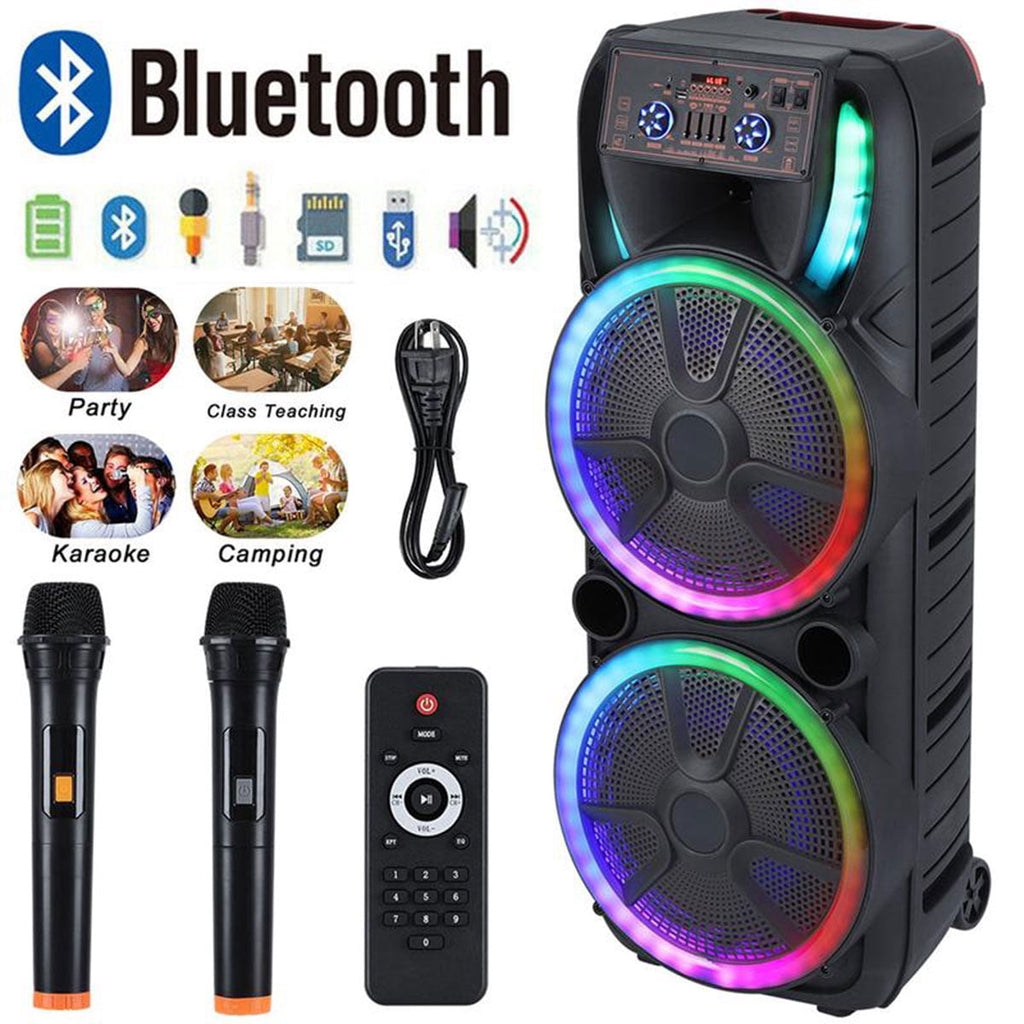 Lohoms Dual 15 inch Karaoke Speaker Party Speaker System W/ 2 Microphone Portable Party Box Loud Big Speaker Wireless Bluetooth Stereo Rechargeable Remote Control LED Lighting