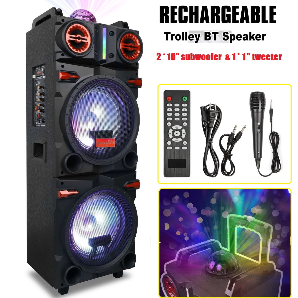 Lohoms Portable Wireless Speaker, Dual 10" Subwoofer & 1" tweeter Trolley Bluetooth Speaker W/ Microphone Heavy Bass Stereo Woofer Party Sound PA System, AUX, FM, Remote, LED Light, 40.5" H