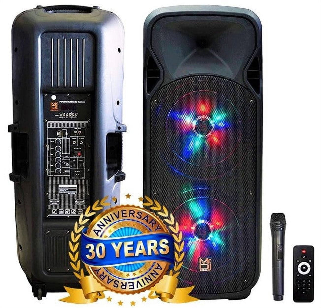MR DJ AFTERPARTY Dual 15" Bluetooth SpeakerDual 15" Battery Powered Bluetooth Speaker, UHF Wireless Microphone Party Speaker