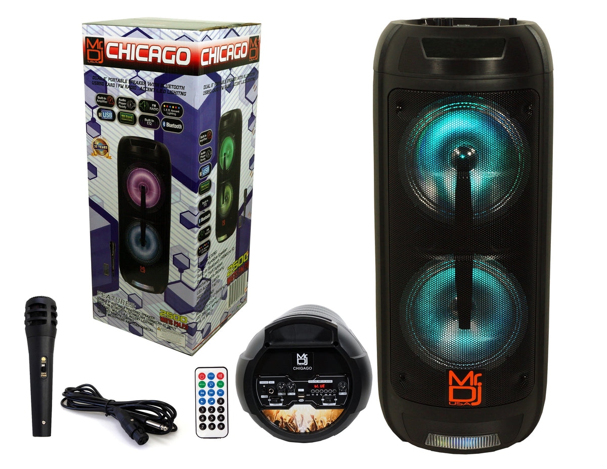 Mr. Dj CHICAGO Dual 8" Portable Bluetooth SpeakerDual 8" Portable PA DJ Active Powered Bluetooth TWS Speaker 2500 Watts LCD/MP3/USB/micro SD