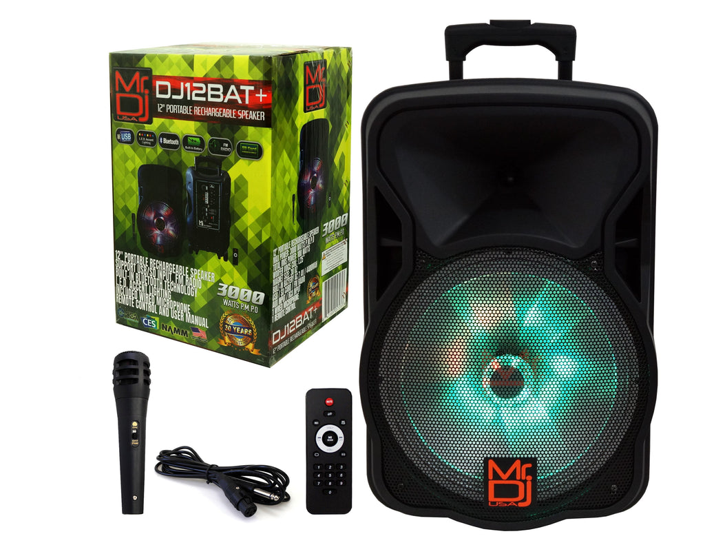 Mr. Dj DJ12BAT+ 12" Portable Bluetooth Speaker12" Portable Trolley PA DJ Active Powered Bluetooth TWS Speaker 3000 Watts LCD/MP3/USB/micro SD