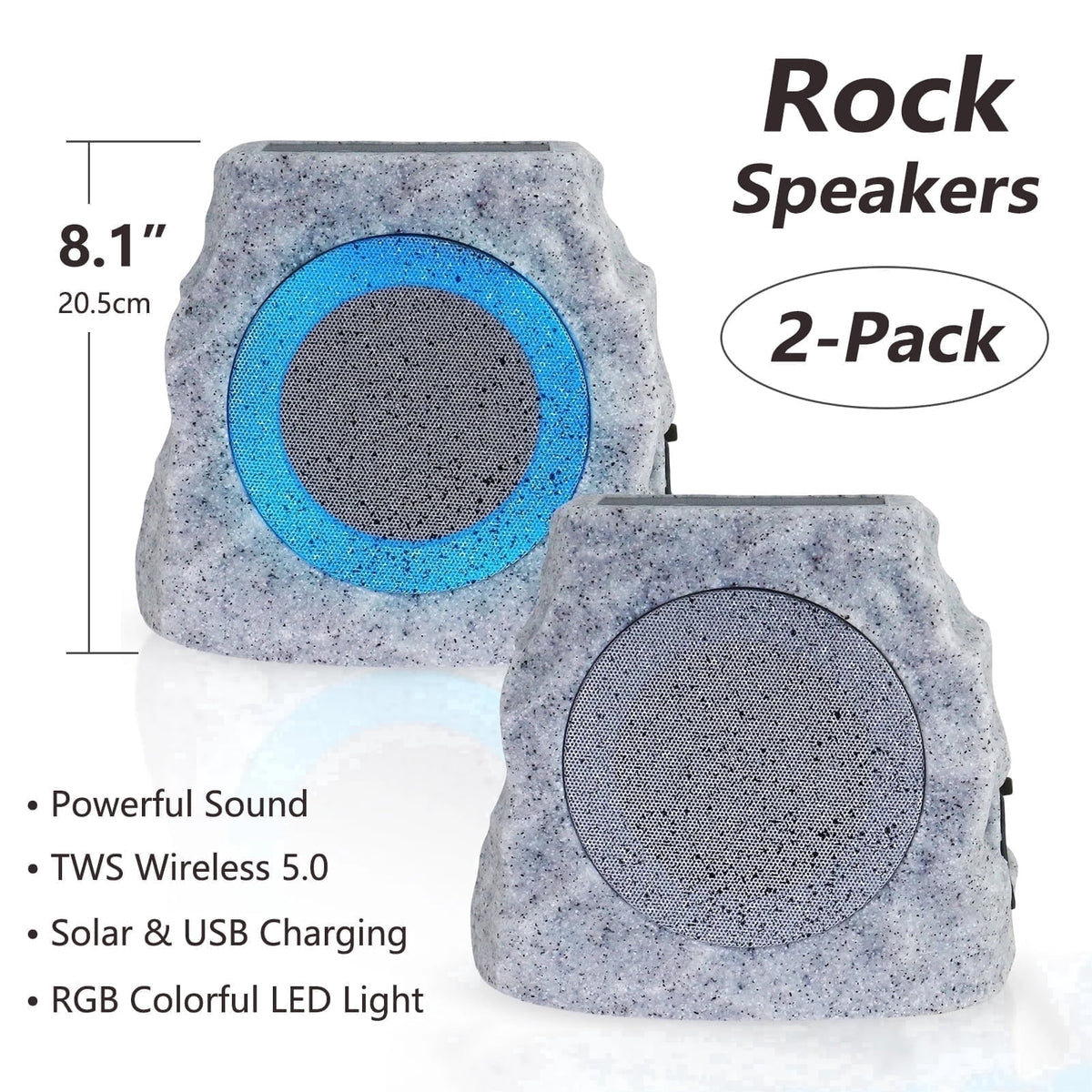NiceBuy Outdoor Waterproof Solar Powered Bluetooth Rock Speakers with TWS Pairing and RGB Lights, 2 Pack