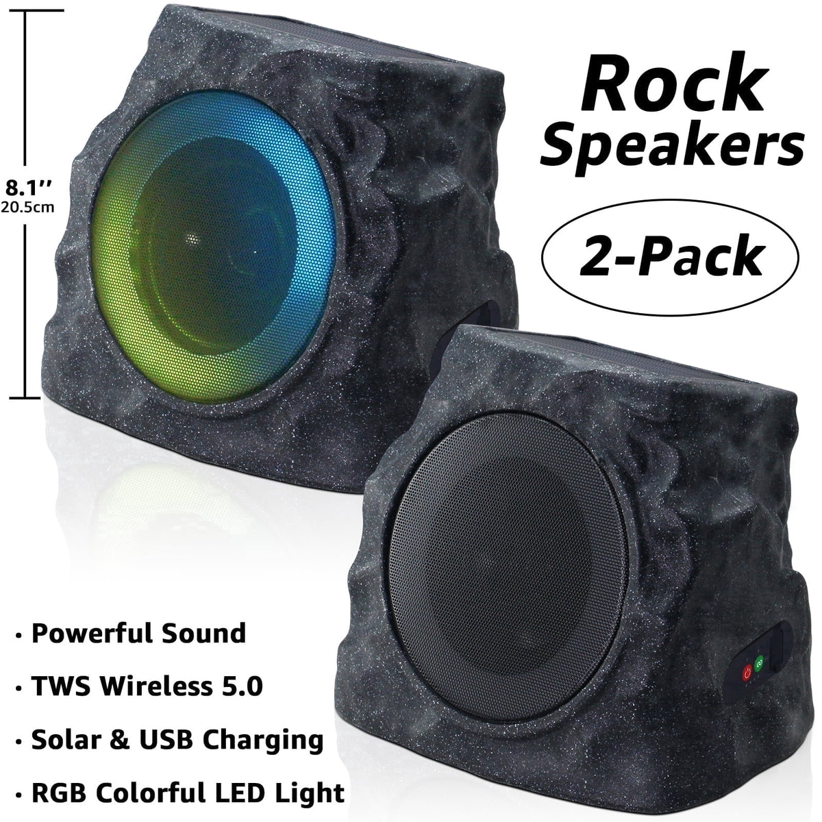 NiceBuy 2-Pack 8.1" Bluetooth Rock Speakers, Powerful Sound Solar Outdoor Wireless TWS Stereo Speaker with RGB Colorful LED Light for Indoor Outside Patio Garden