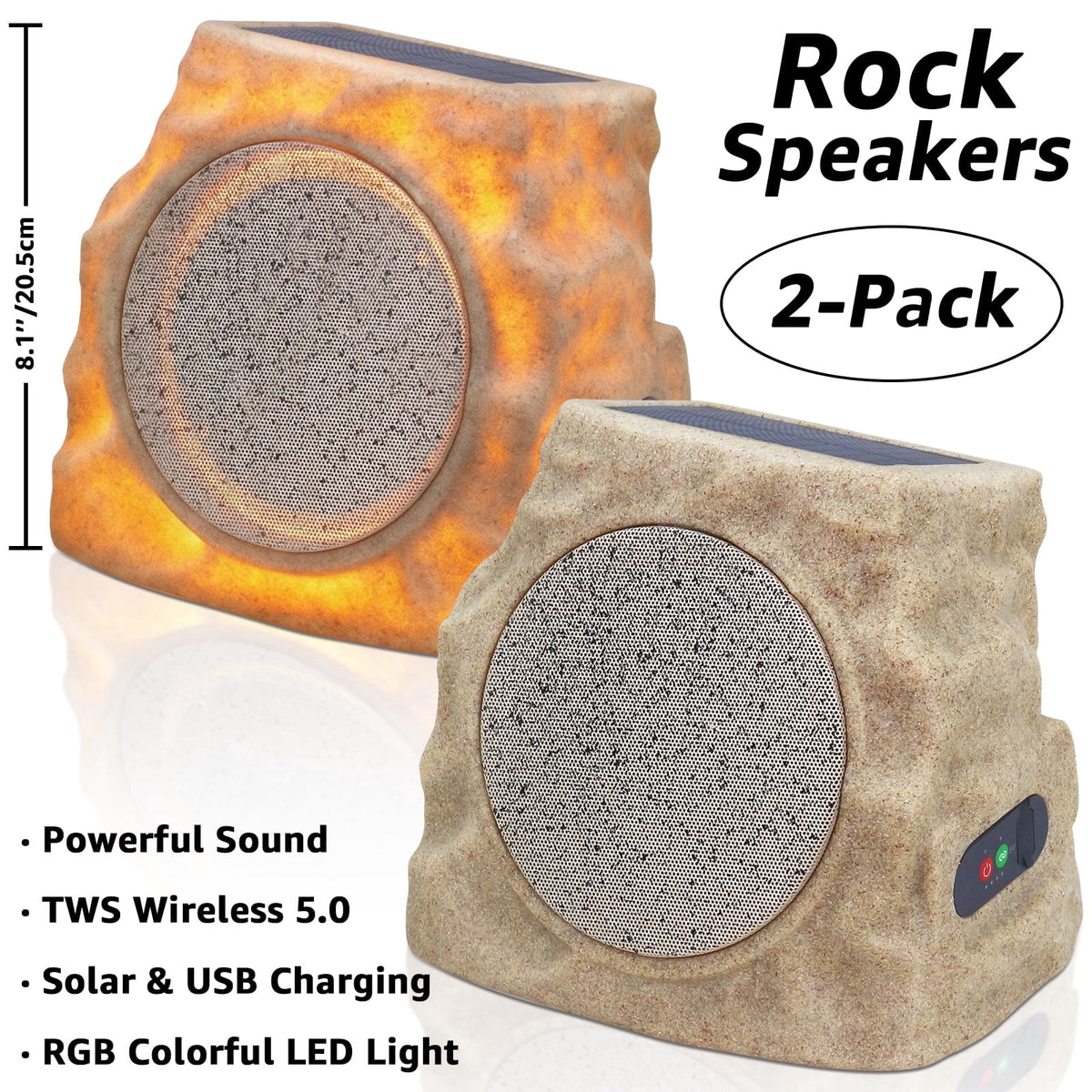 NiceBuy Outdoor Waterproof Solar Powered Bluetooth Rock Speakers with TWS Pairing and RGB Lights, 2 Pack
