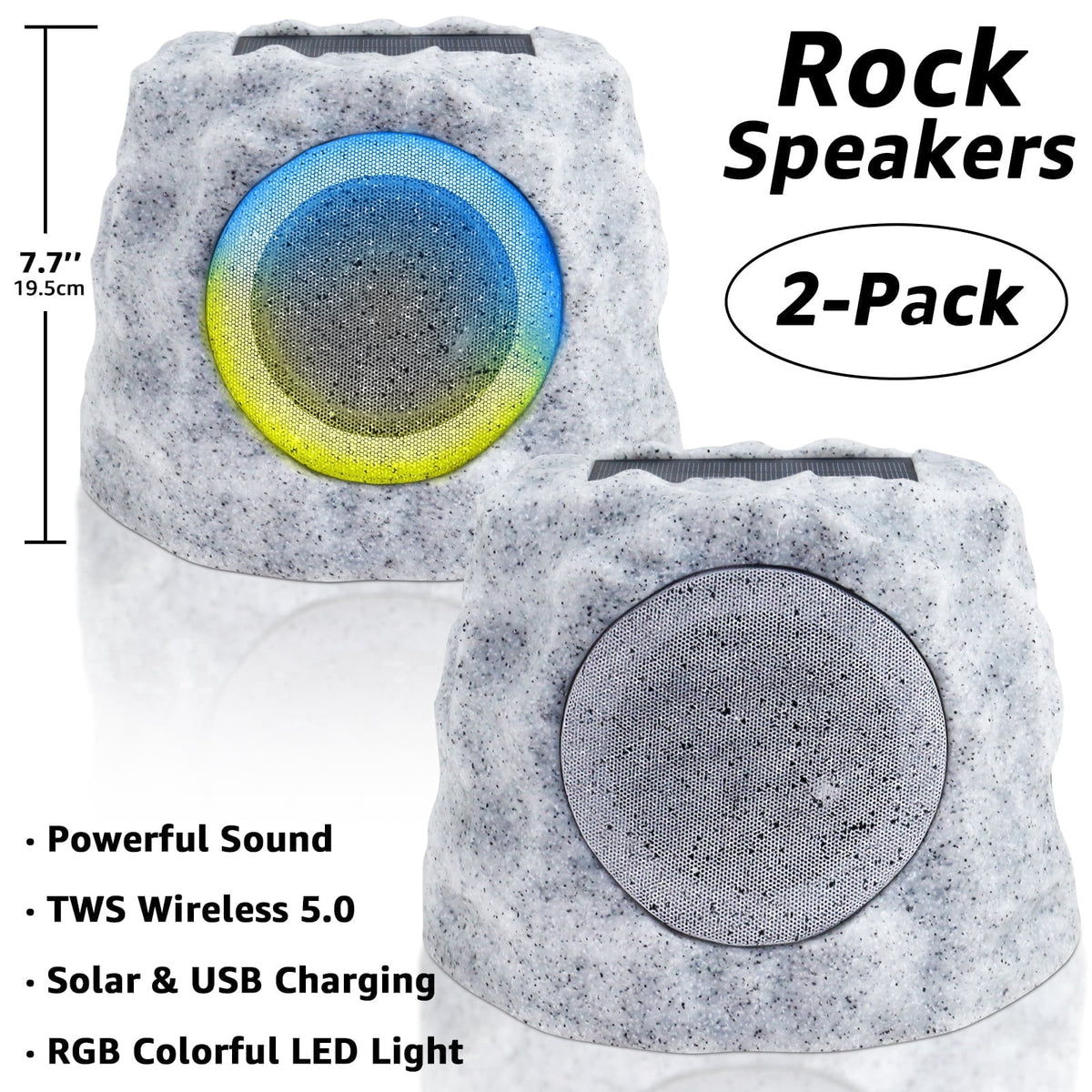 NiceBuy Outdoor Waterproof Solar Powered Bluetooth Rock Speakers with TWS Pairing and RGB Lights, 2 Pack