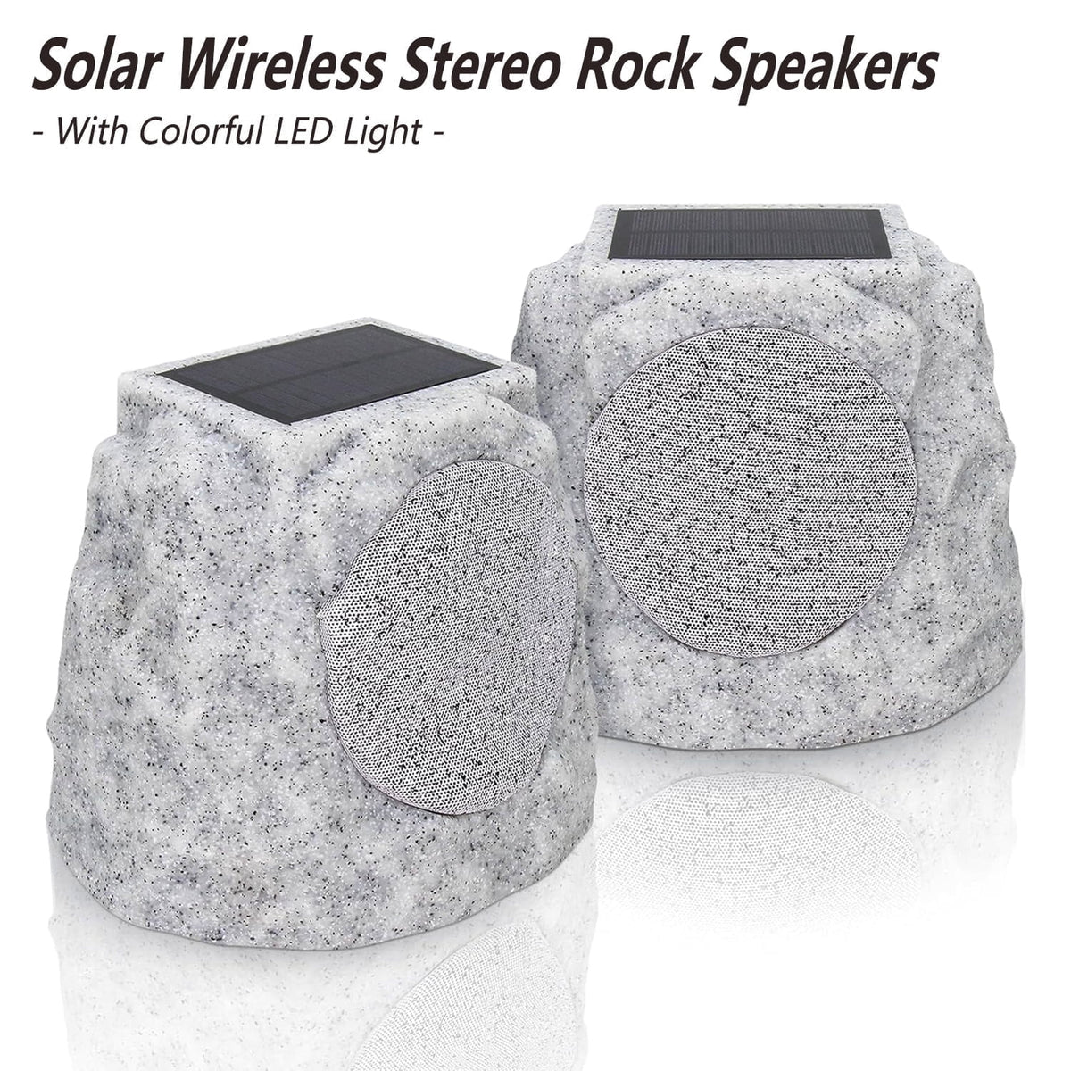 Postlucky 2-Pack Outdoor Solar Rock Speakers, Bluetooth, TWS Pairing, RGB LED Flashing, USB Charging, Waterproof, 8.1" Black