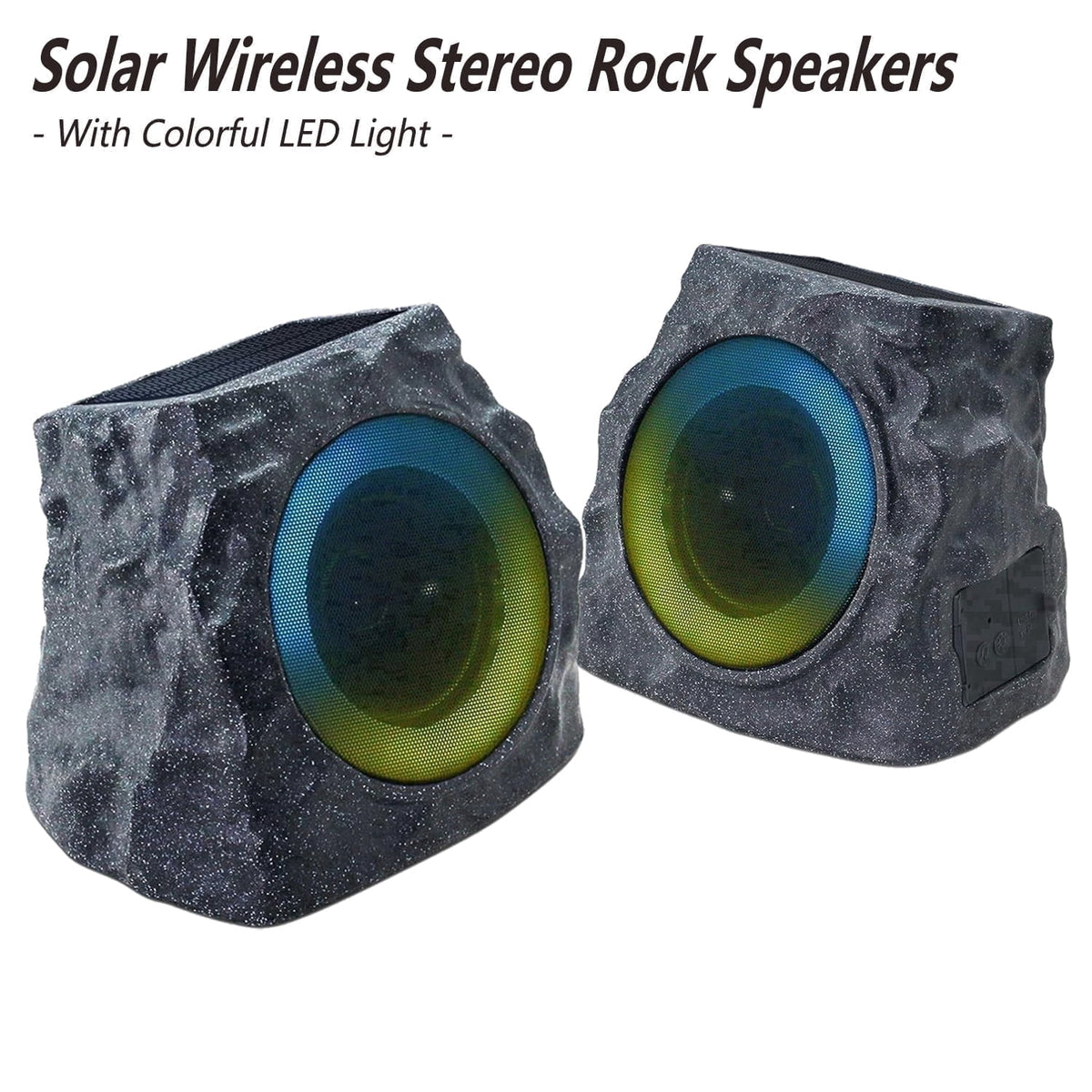 Postlucky 2-Pack Outdoor Solar Rock Speakers, Bluetooth, TWS Pairing, RGB LED Flashing, USB Charging, Waterproof, 8.1" Black
