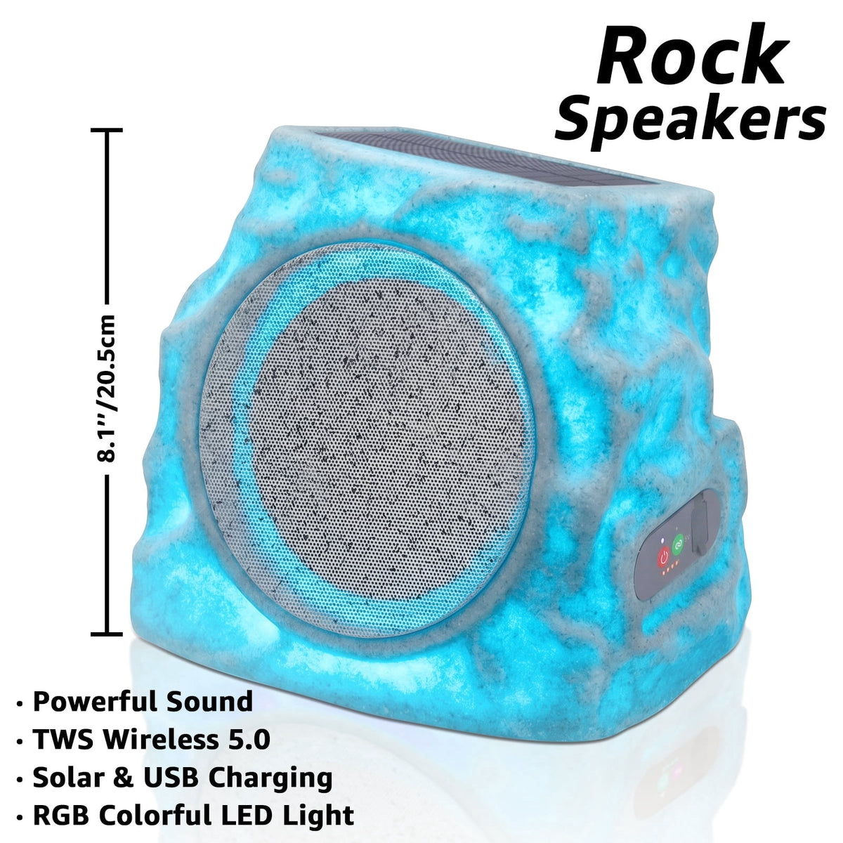 Postlucky 2-Pack Outdoor Solar Rock Speakers, Bluetooth, TWS Pairing, RGB LED Flashing, USB Charging, Waterproof, 8.1" Black