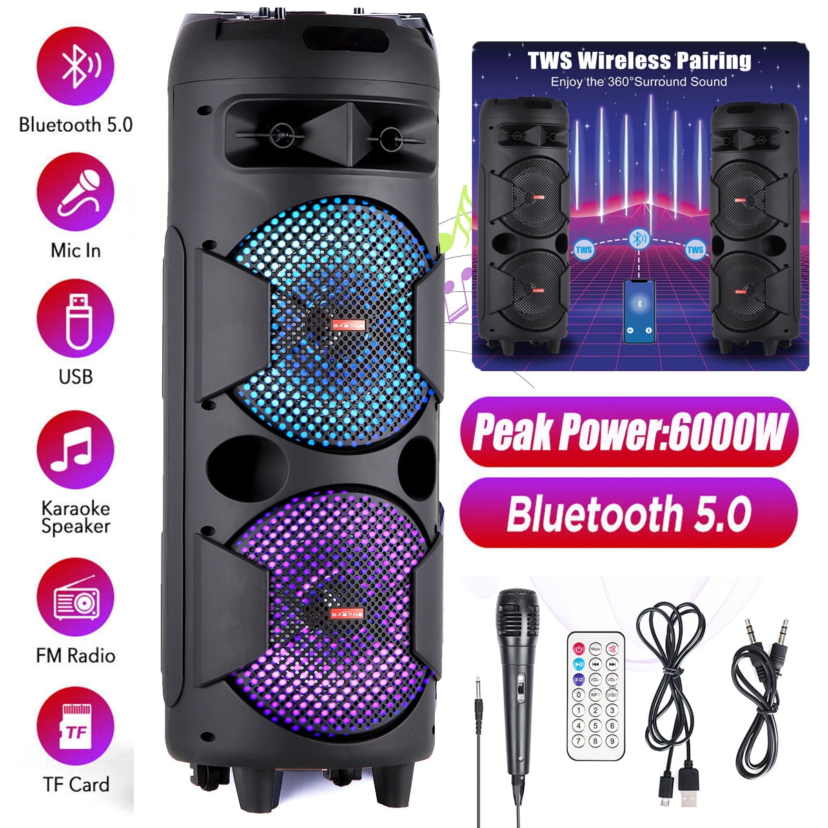 RIDWIND 4000W Peak Power Bluetooth Speakers Portable Wireless Speaker with Double 6.5 inch Subwoofer Heavy Bass,FM Radio, Microphone, Lights, Remote Control TWS Stereo Sound System Speaker
