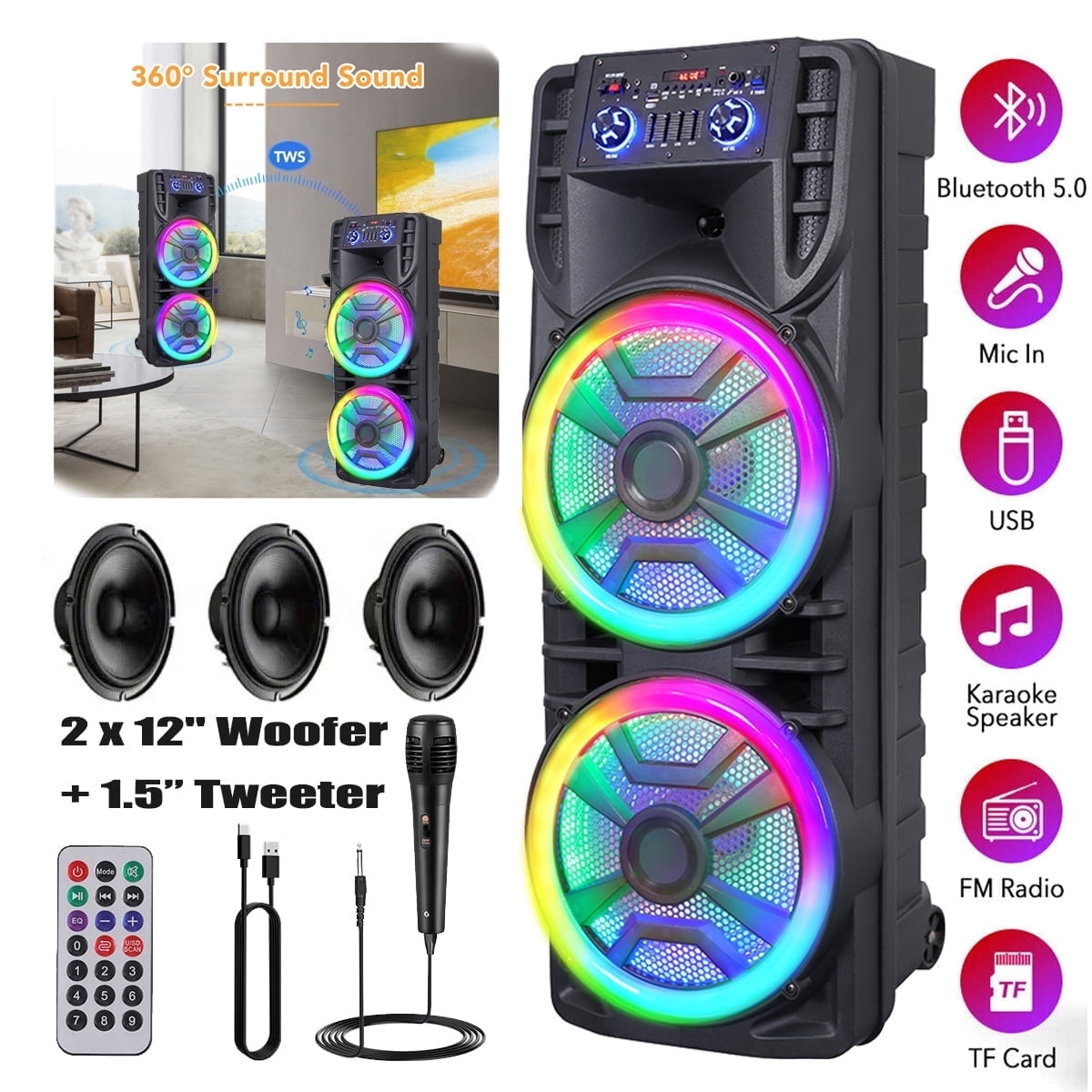 RIDWIND 5000W Peak Power Dual 10" Woofers Portable Party Speaker, Indoor & Outdoor Loud Heavy Bass Sound System with Microphone, RGB Lights, Remote Control, Support TWS/USB/FM, Rechargeable Battery