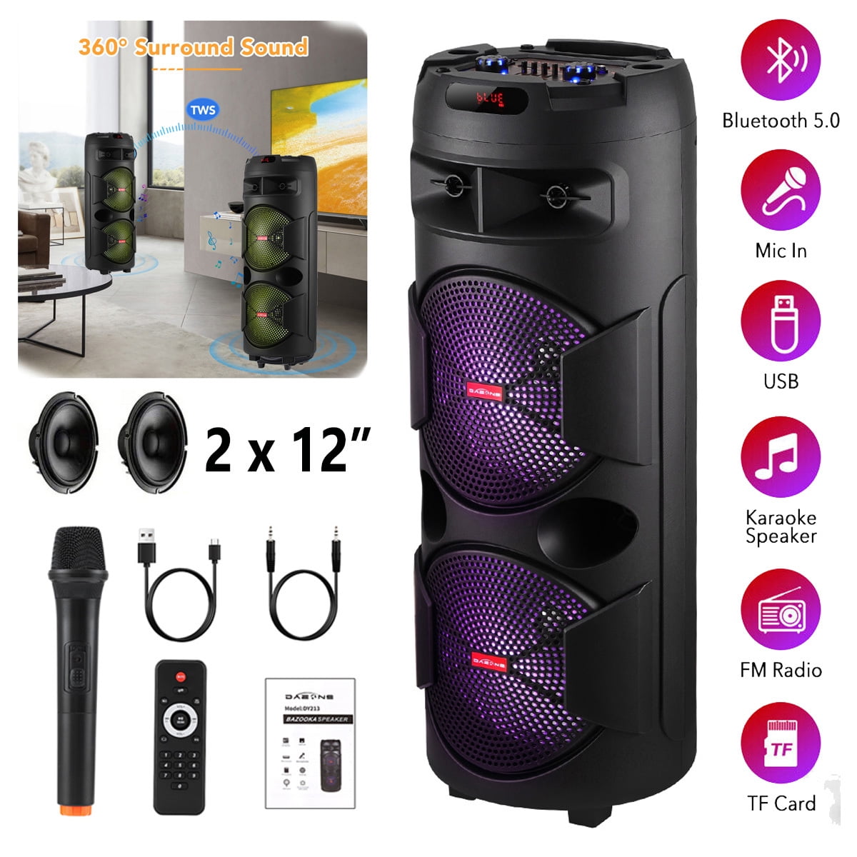 RIDWIND 4000W Peak Power Bluetooth Speakers Portable Wireless Speaker with Double 6.5 inch Subwoofer Heavy Bass,FM Radio, Microphone, Lights, Remote Control TWS Stereo Sound System Speaker