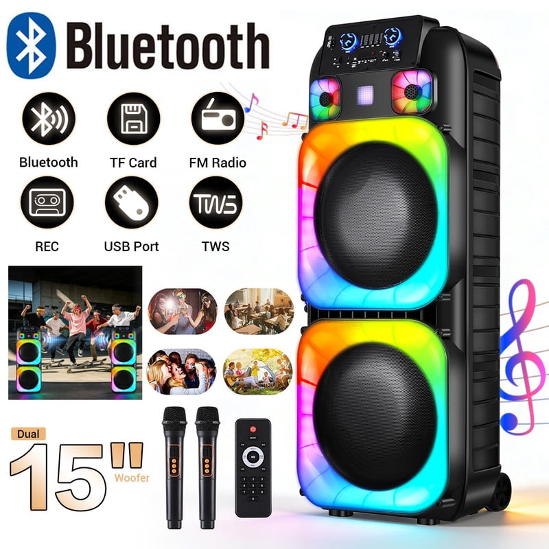 RIDWIND 4000W Peak Power Bluetooth Speakers Portable Wireless Speaker with Double 6.5 inch Subwoofer Heavy Bass,FM Radio, Microphone, Lights, Remote Control TWS Stereo Sound System Speaker