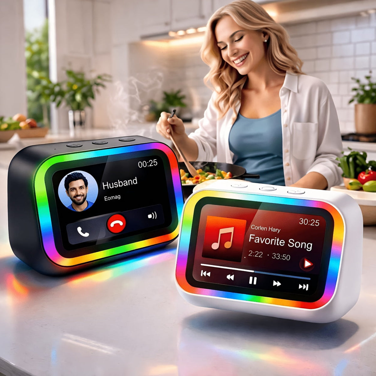 Smart Alarm Clock Speaker, Dynamic RGB Light, Hi-Fi Stereo, HD Display, Calls & Voice Assistant, Period Tracker, Portable Bedside Digital Clock