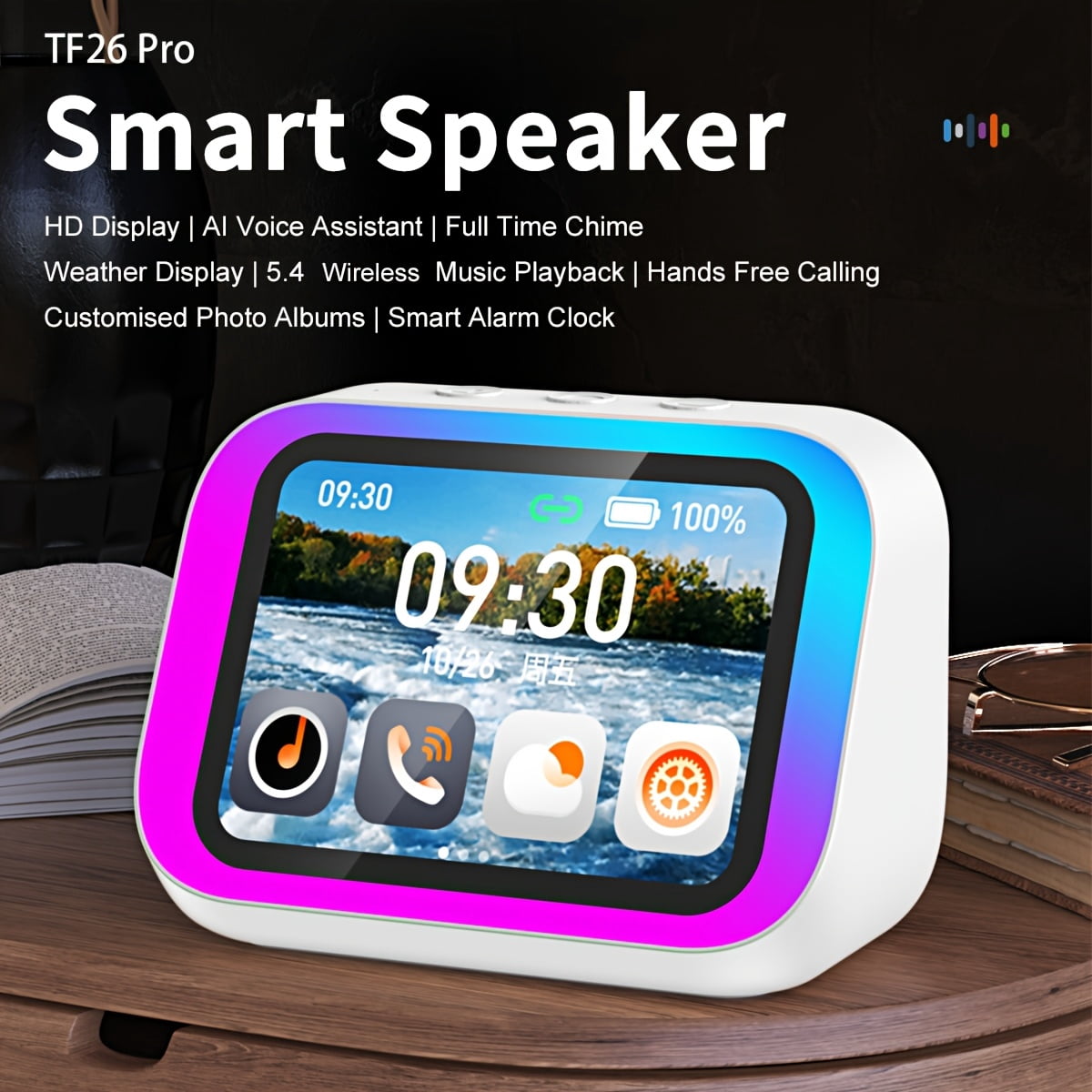 Smart Alarm Clock with Wireless Speaker, AI Voice Assistant, HD Display, RGB Light, Call Function, Stereo Sound, Period Tracker, 2000mAh Battery, Portable Bedside Digital Clock