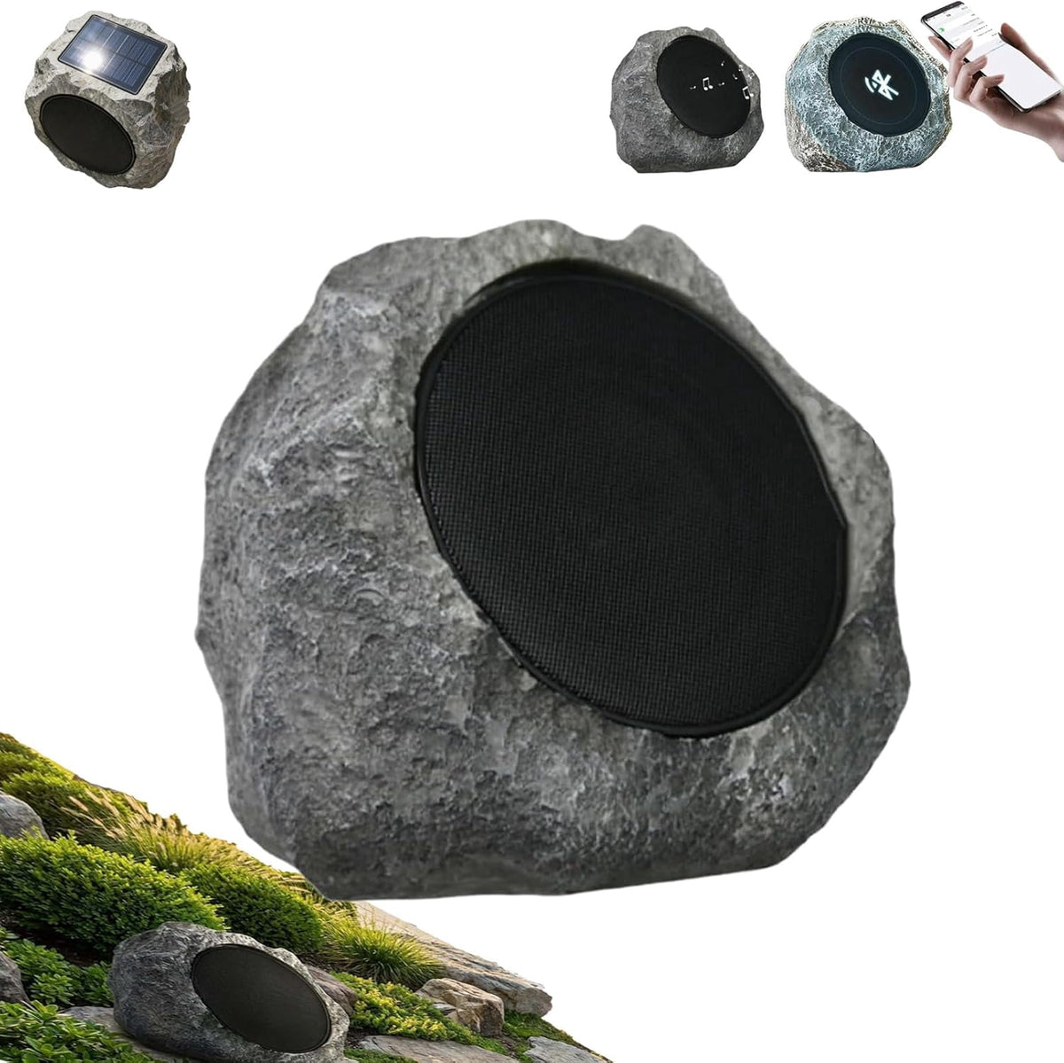 Solar Powered Rock Speakers, Outdoor Waterproof Bluetooth Stereo | High-Efficiency Solar & USB Charging, Realistic Resin Stone Design for Patio Garden Yard, 1 Piece, Dark Gray