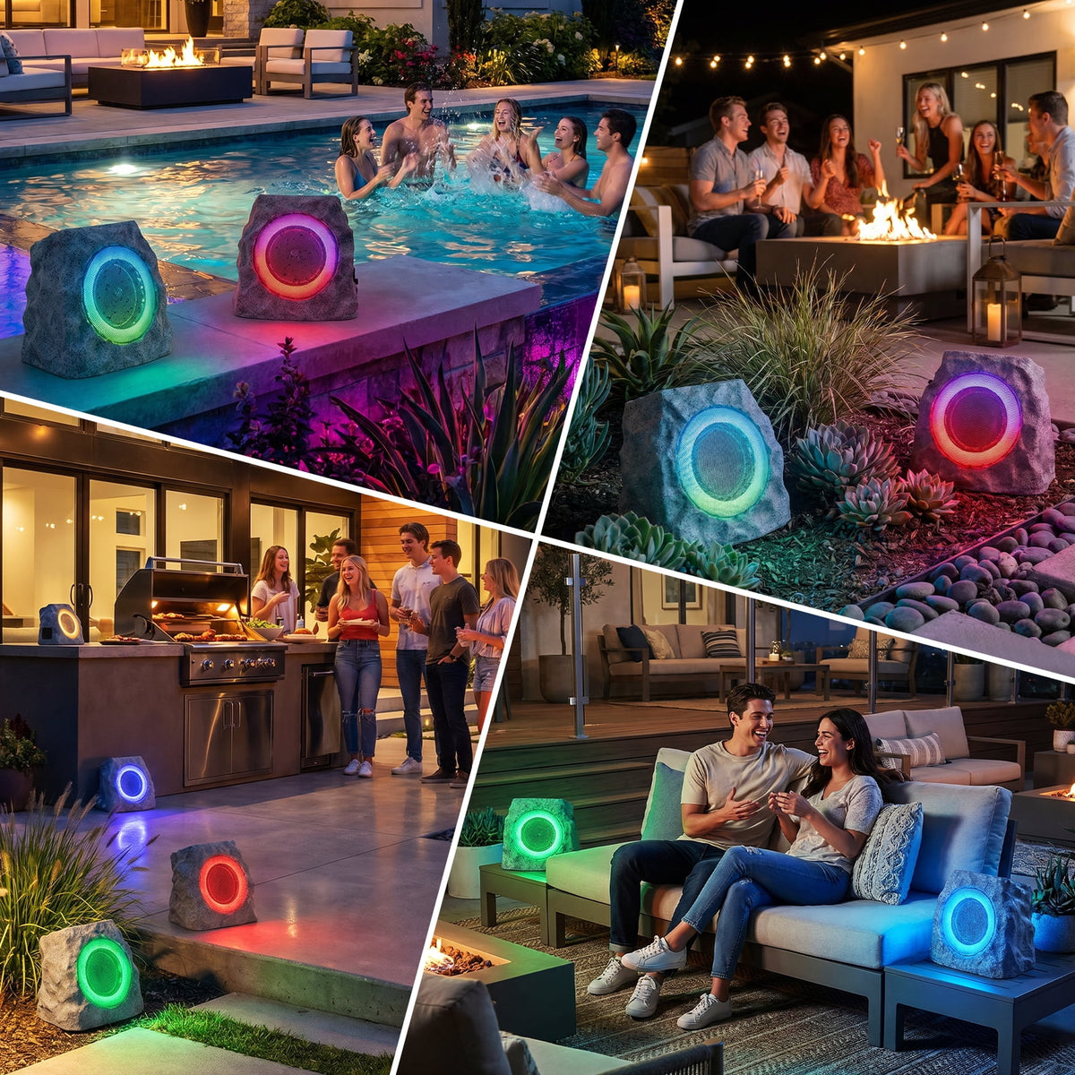 NiceBuy 2-Pack 8.1" Bluetooth Rock Speakers, Powerful Sound Solar Outdoor Wireless TWS Stereo Speaker with RGB Colorful LED Light for Indoor Outside Patio Garden