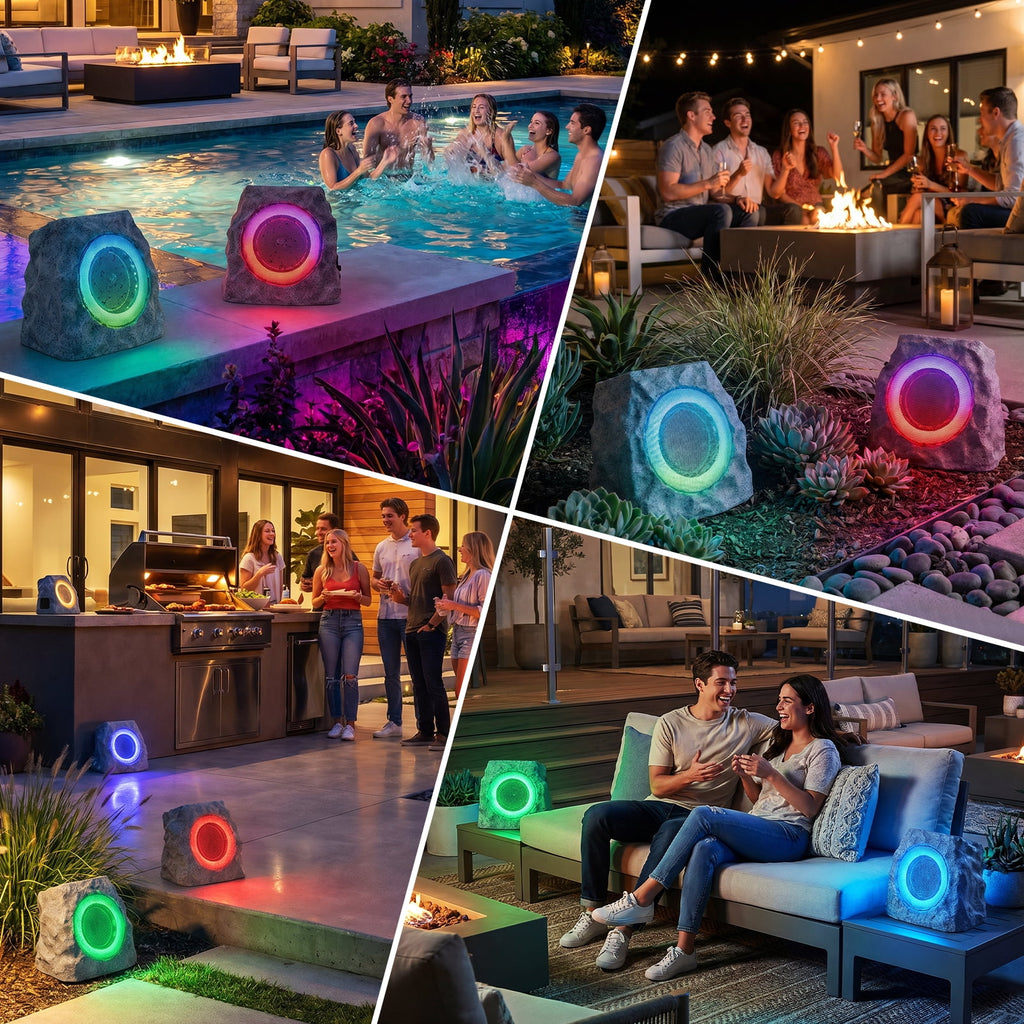 NiceBuy Outdoor Waterproof Solar Powered Bluetooth Rock Speakers with TWS Pairing and RGB Lights, 2 Pack