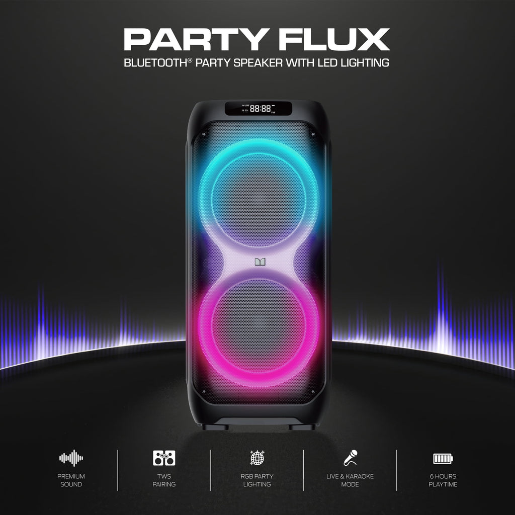 Monster Party Flux Portable Bluetooth Party Speaker, 200W Peak Power, Dual 8-Inch Drivers, RGB LED Lights, Karaoke Mode, TWS Pairing, IPX5 Water Resistant, 6-Hour Battery, Black