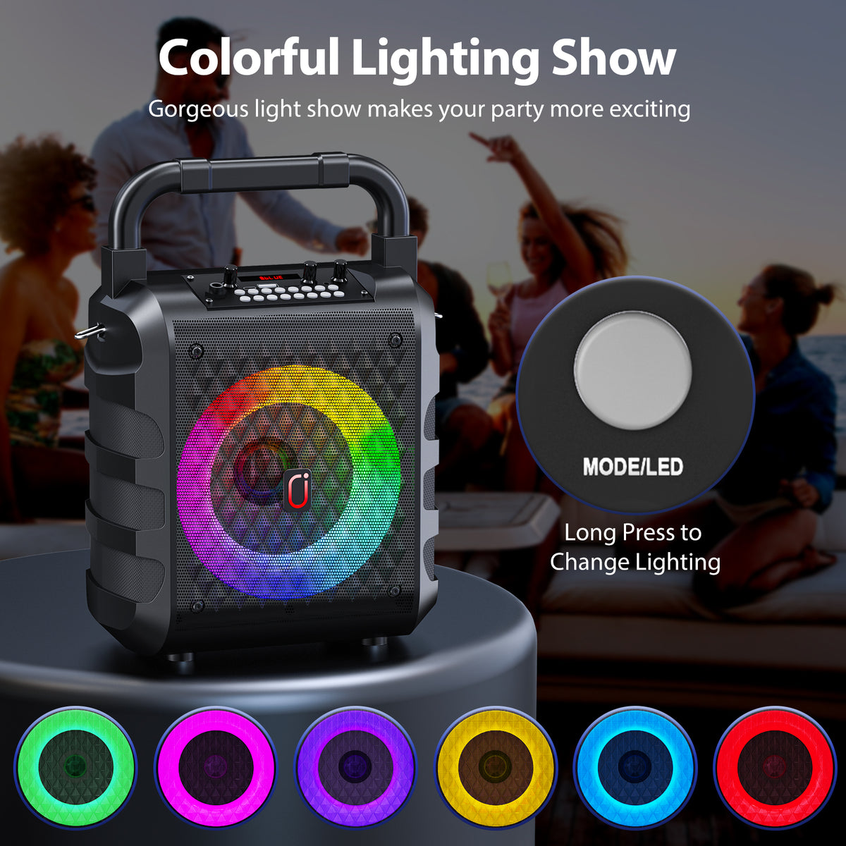 FanFun Bluetooth Speaker, Outdoor Portable Speaker with 2 Microphones, PA System with Dynamic LED Light, 6 EQ Modes
