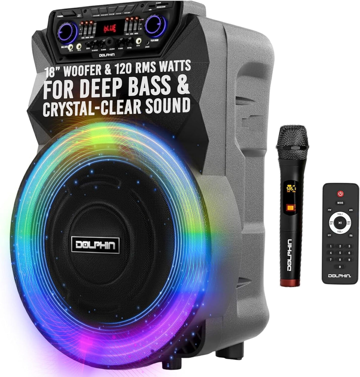 Dolphin SP-18RBT 18” Rechargeable Bluetooth Party Speaker – Deep Bass, High Power Sound, Wireless Microphones, USB/SD, AUX & Guitar Inputs, Extended Battery Life, 12V Input