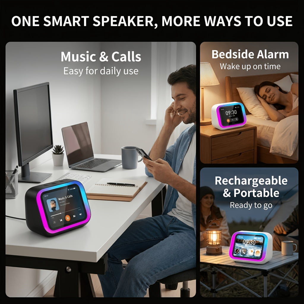 AI Smart Speaker with Large Screen Display, RGB Ambient Lighting, Hands-free Calling, Music Player, Voice-controlled Desktop Speaker, Suitable for Home/office/bedroom