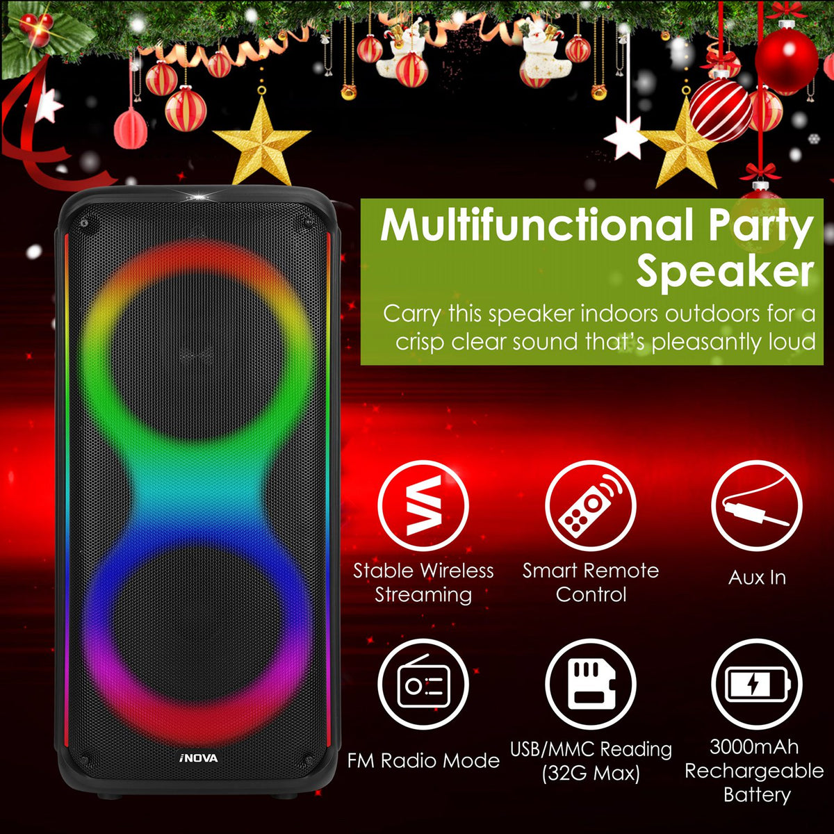 Moclever Portable Wireless Party Speaker with TWS Function FM Radio USB MMC Card Reading Aux In Recording Function Mic Priority, 7 Colorful Lights, Remote Control, Black