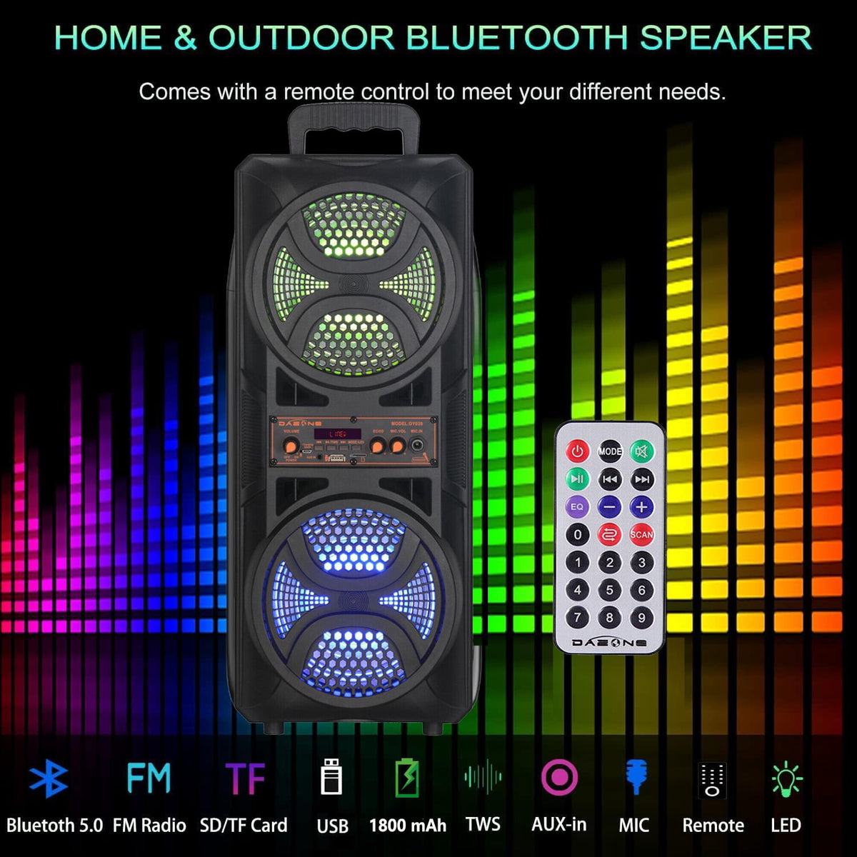 RIDWIND Set of 2 3000W Peak Power Wireless TWS Portable Loud Party Bluetooth Speaker with Dual 6.5" Woofer LED Colorful Lights Microphone Remote Control Support FM/TF/USB/AUX