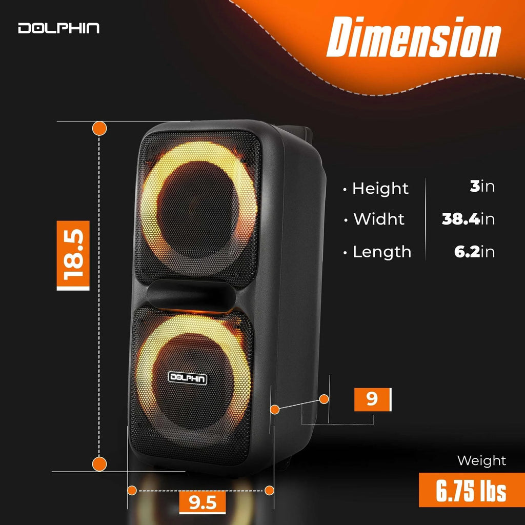 Dolphin SP-2080RBT Bluetooth Speaker - High Power Portable, Wireless Microphone, Deep Bass, LED Lights, USB/SD Card, Rechargeable Long Lasting Battery