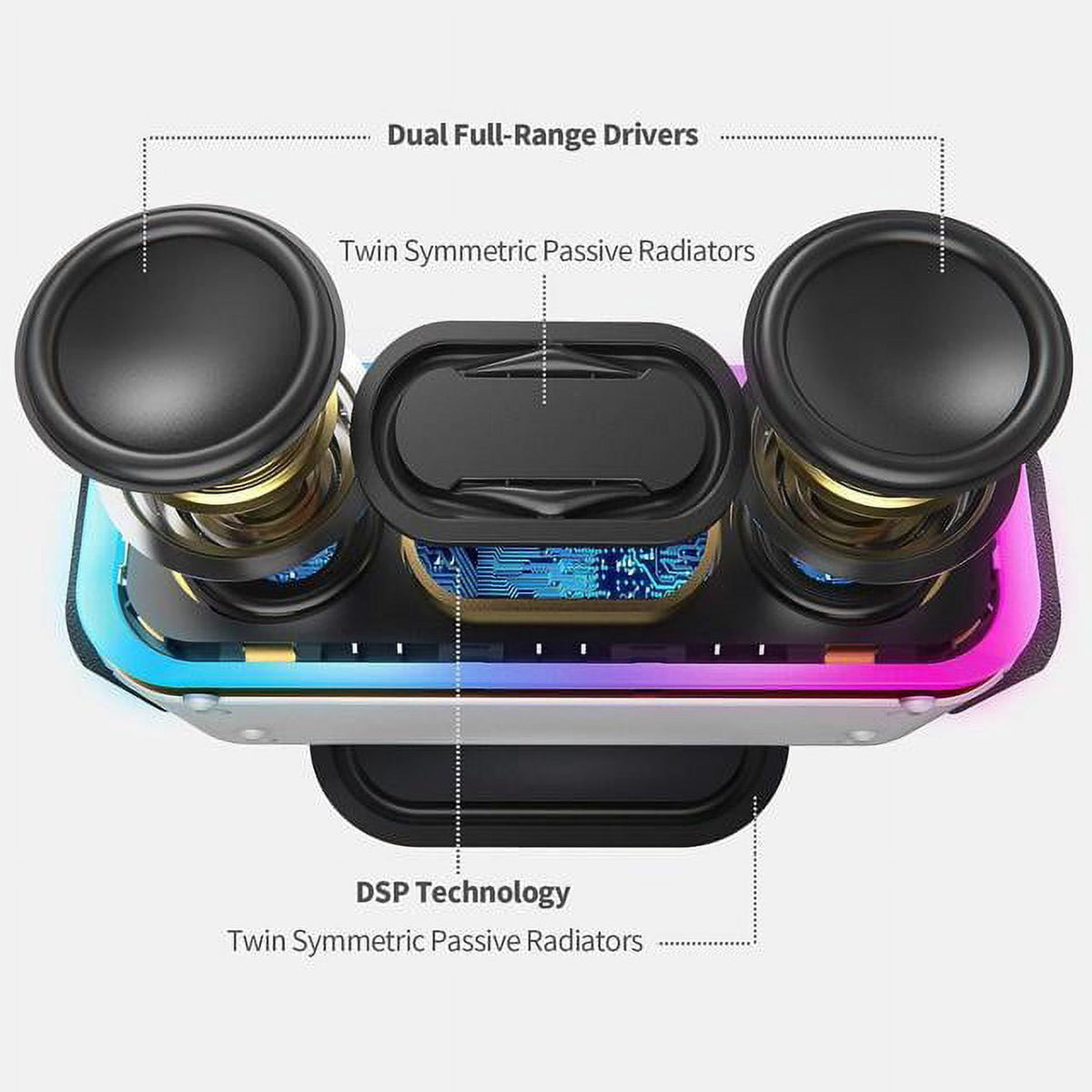 DOSS Grey Wireless Bluetooth Speaker, 15Hrs Long Playtime, 24W Impressive Sound with Booming Bass, IPX6 Waterproof, Wireless Stereo Pairing, Mixed Colors Lights, 66 FT Connectivity
