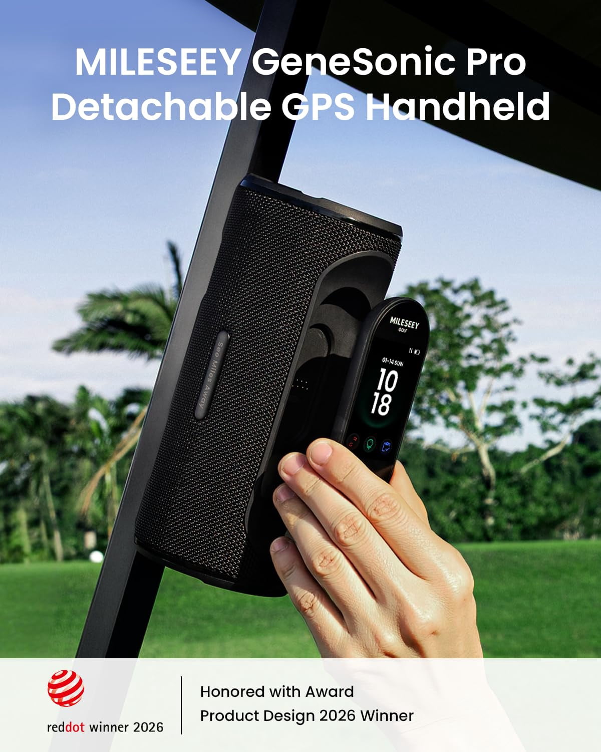 MiLESEEY GeneSonic Pro Golf Speaker with Detachable GPS Rangefinder Handheld, 43000+ No Subscription Preloaded Courses, View & Audible Distances,Touchscreen, 15H Battery, Magnetic, Waterproof