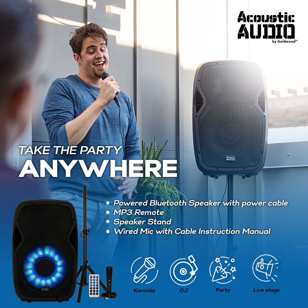 Acoustic Audio AA15LBS Powered 1000W 15" Bluetooth Flashing LED Speaker with Mic and Stand