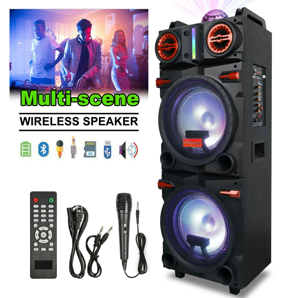 Dazone 4,500W Bluetooth Speaker Rechargable Dual 10" Woofer Party FM Karaok DJ LED AUX