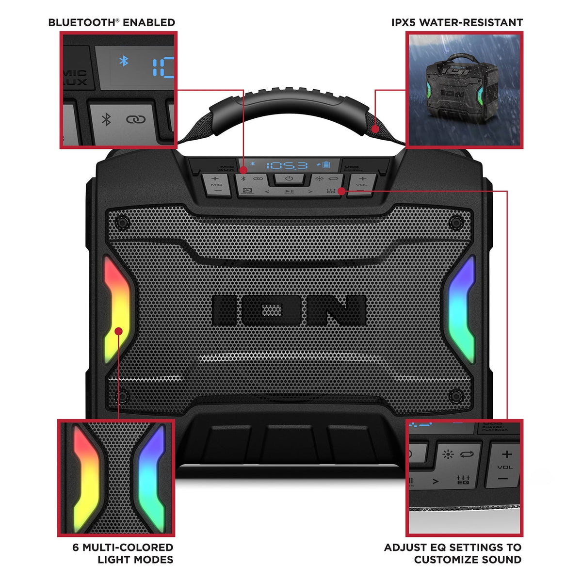 ION Audio Tailgater TD Rugged Bluetooth Portable Speaker, IPX5 Water-Resistant, 1 Speaker, Black