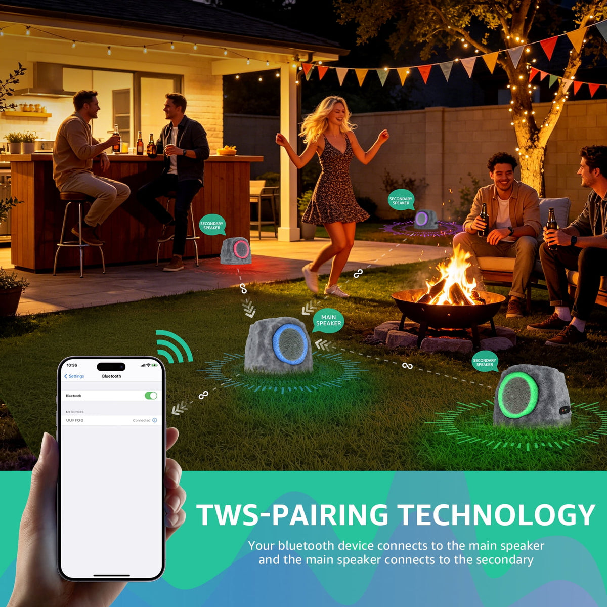 NiceBuy Outdoor Waterproof Solar Powered Bluetooth Rock Speakers with TWS Pairing and RGB Lights, 2 Pack