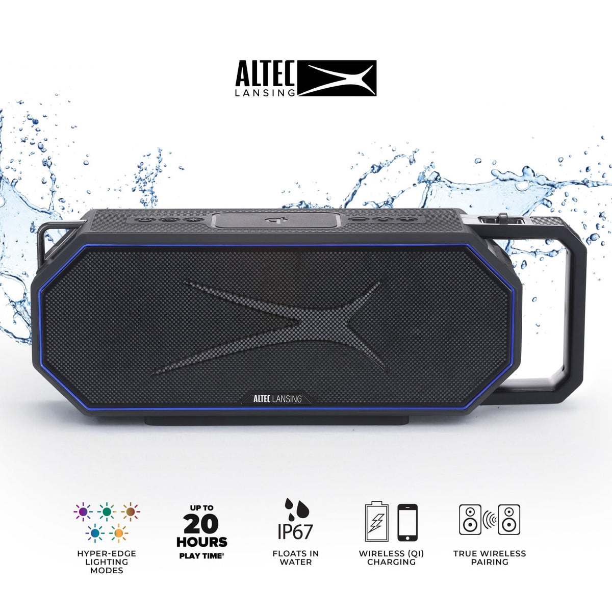 Altec Lansing HydraShock 2.0 EverythingProof™ Bluetooth Speaker, 20H Playtime, HyperEdge LED, Qi Wireless Charging, IP67 Waterproof, Party Sync, USB-C Fast Charge