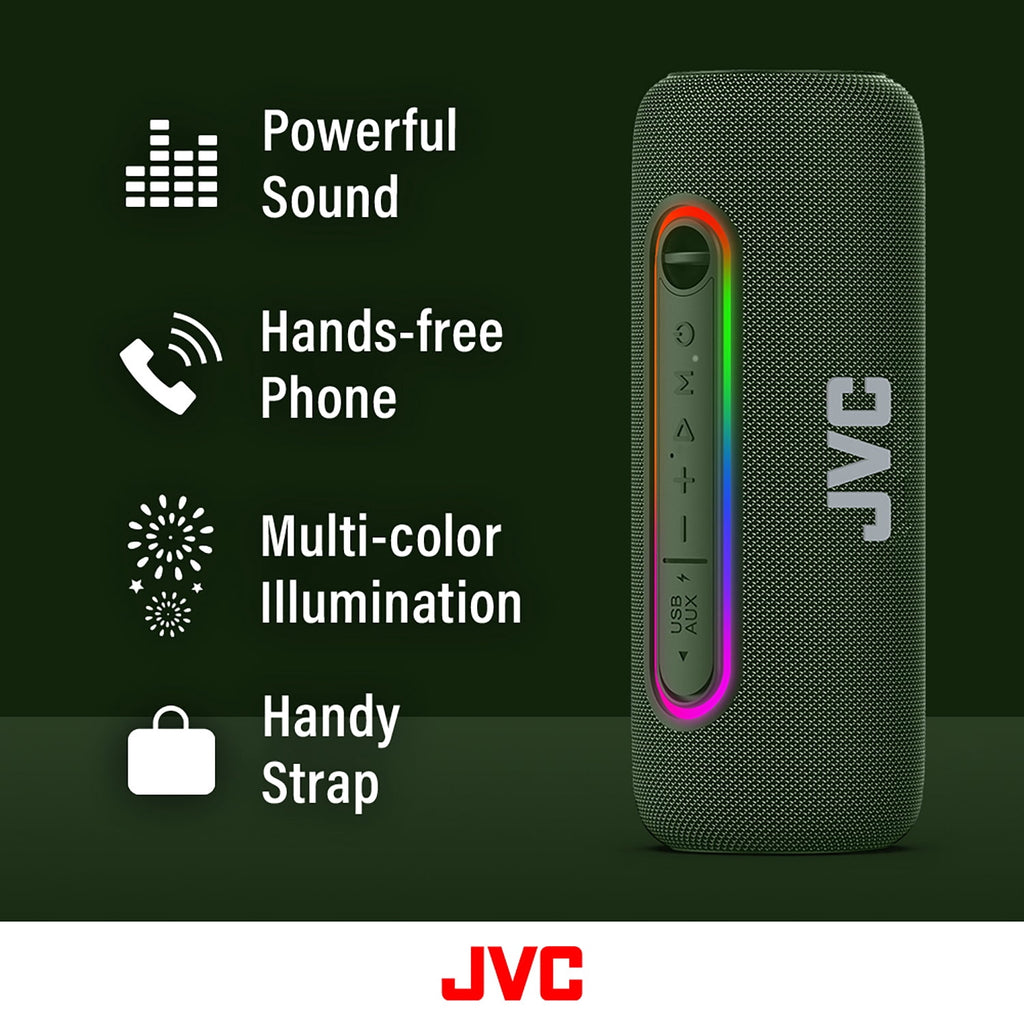 JVC Illuminated Portable Wireless Speaker with 20W max outputs, Dynamic Sound, Bluetooth 5.0, TWS Capability, USB-C, IPX5, AUX in, up to 5-Hour Battery Life - SPPA5BTG (Green)