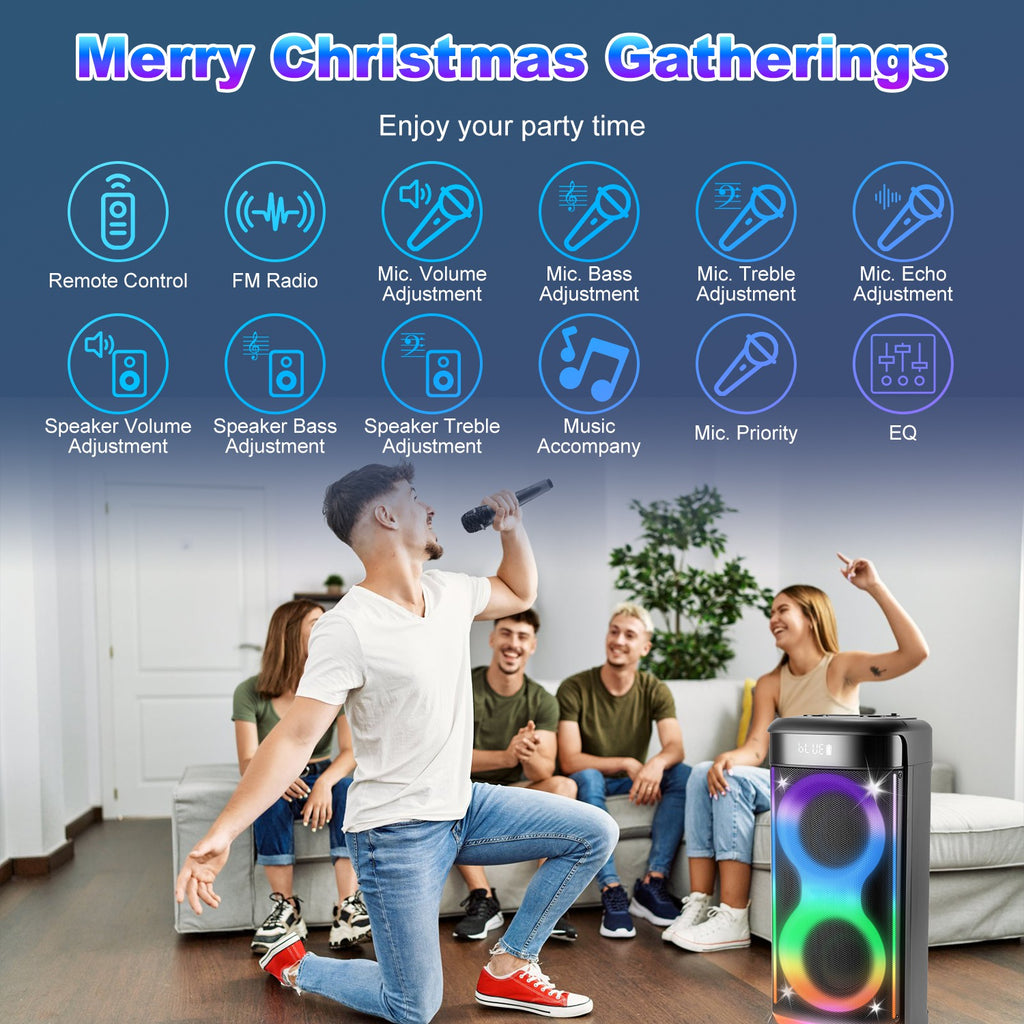 Imountek Portable Wireless Party Speaker with LED Lights, Wireless Mic, Remote, TWS, FM Radio, 10H Playtime, IPX6