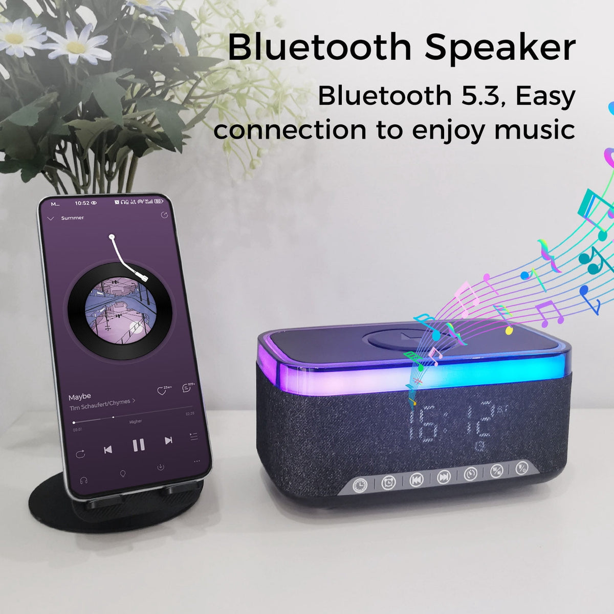 10W Bluetooth Stereo Speaker-Alarm Clock, Wireless Charging, RGB light