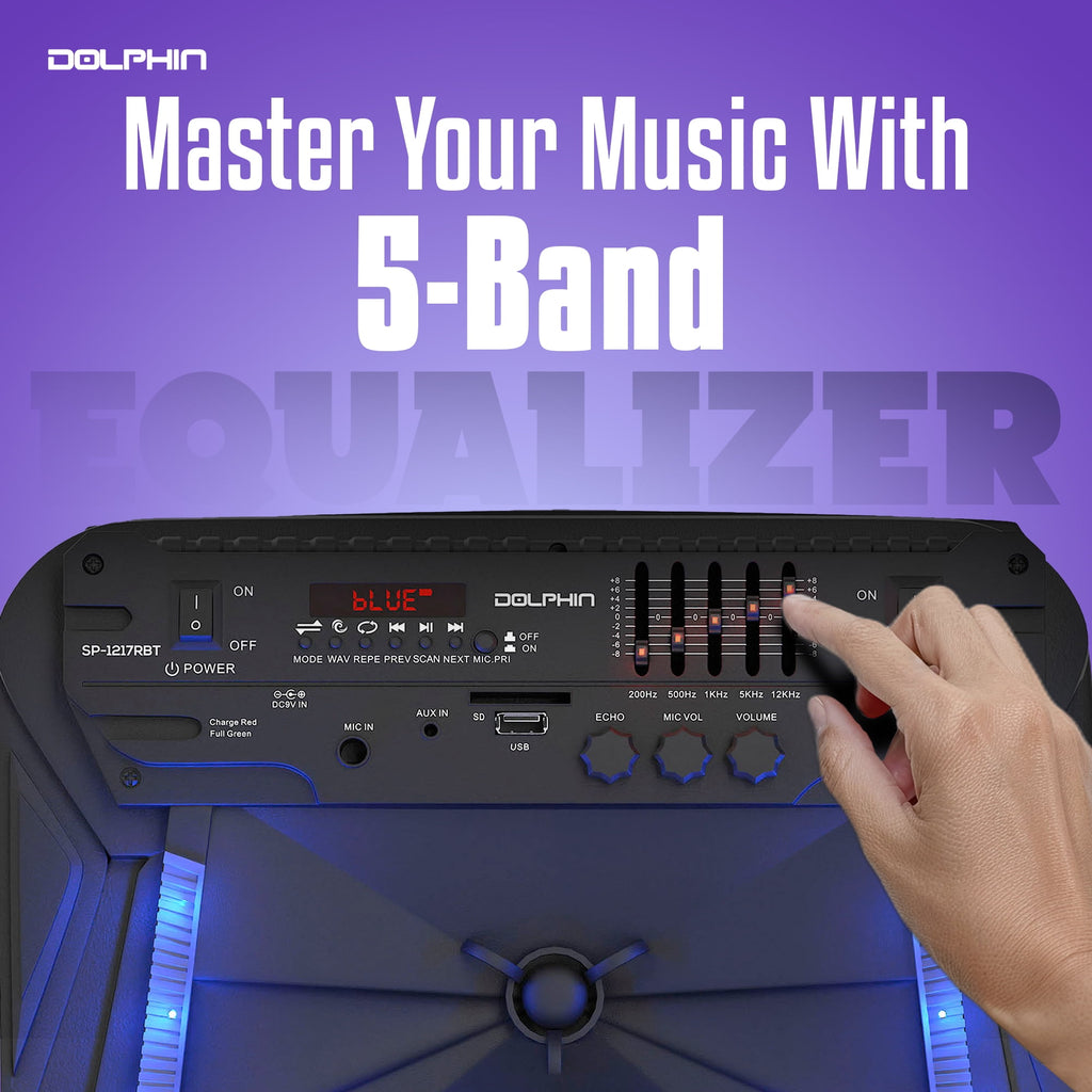 Dolphin SP-1217RBT 12-Inch Rechargeable Bluetooth Party Speaker – High Power Sound, TWS Compatibility, LED Lights, 5-Band Equalizer, Portable Design with Trolley and Wheels