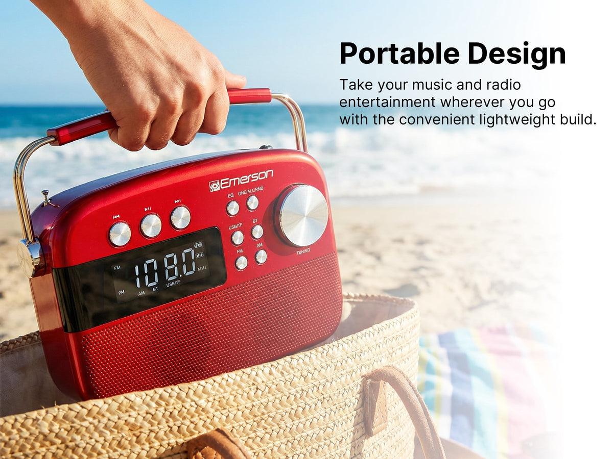 Emerson EAS-3010 Portable Bluetooth Radio with MP3 Player, Retro Style Wireless Speaker with AM/FM Tuner, Built-in 1200mAh Rechargeable Battery, 5W Stereo Sound, USB/TF/Aux-in, LCD Display