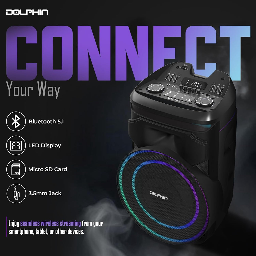 Dolphin SP-1800RBT 18" Portable Bluetooth Party Speaker – 100W RMS, Powerful 18" Woofer, LED Lights, WaveSync™, X-Bass, Rechargeable Battery, Bluetooth 5.1, 21" Tall – Perfect for Parties
