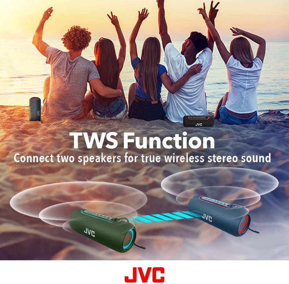 JVC Illuminated Portable Wireless Speaker with 20W max outputs, Dynamic Sound, Bluetooth 5.0, TWS Capability, USB-C, IPX5, AUX in, up to 5-Hour Battery Life - SPPA5BTG (Green)