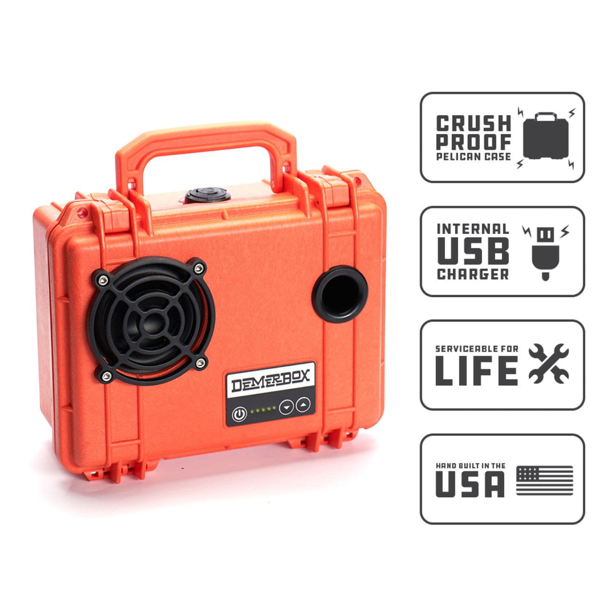 DemerBox Waterproof, Portable, and Rugged Outdoor Speakers. Loud Sound, 40+ hr Battery Life, Dry Box + USB Charging, Pairing Party Mode. Built to Last + Fully Serviceable, Green