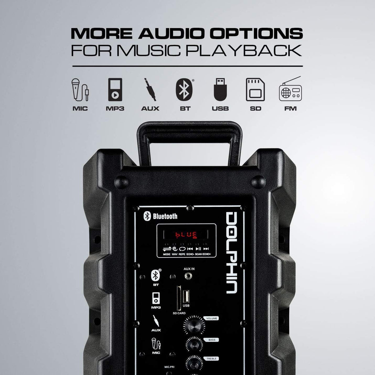 Dolphin SP-850RBT 8-in Portable Bluetooth Party Speaker with Mic, Lights, FM Radio, USB, Rechargeable Battery